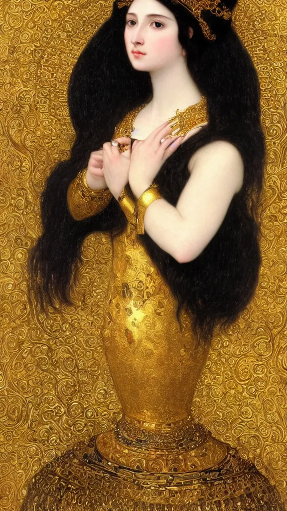 Image similar to painting portrait of a beautiful black haired woman with pale skin and a crown on her head sitted on an intricate metal throne, intricate, elegant, digital painting, smooth, sharp focus, shiny gold, realistic gold, realistic metal, by william - adolphe bouguereau and gustav klimt,