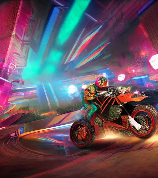 Image similar to psychedelic tron lsd crowded motorcycle race to the ancient and majestic tower of babylon destroyed, hyper realistic, ambient lighting, concept art, intricate, hyper detailed, trakovsky greatest scene, smooth, dynamic volumetric lighting, octane, raytrace, cinematic, high quality, high resolution, 4 k, cgsociety, rutkowski, gurney