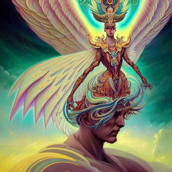 Prompt: stylized painting of an psychedelic angelic celestial being mythical creature by peter mohrbacher, by philippe druillet trending on artstation, winged head, many wings body, white and gold trim skin, sacred geometry, esoteric art