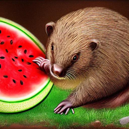 Image similar to a realistic photograph of a beaver spitting watermelon seeds into a bucket, detailed, glow, 8k, hyper-realsim