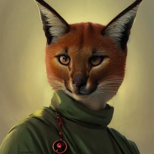 Image similar to portrait of a dystopian cute caracal wearing an outfit inspired by the handmaid ’ s tale ( 2 0 1 7 ), intricate, headshot, highly detailed, digital painting, artstation, concept art, sharp focus, cinematic lighting, digital painting, art by artgerm and greg rutkowski, alphonse mucha, cgsociety