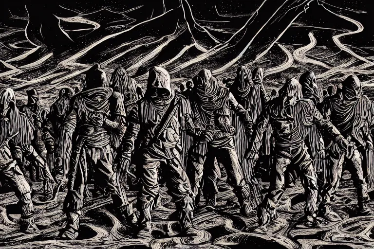 Prompt: ghost warriors, dark landscape, by dan mumford and by alberto giacometti, peter lindbergh, malevich, william stout