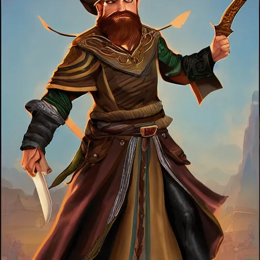 Image similar to Young bearded Tarski Fiume, half-elf Time Wizard, iconic character art by Wayne Reynolds for Paizo Pathfinder RPG