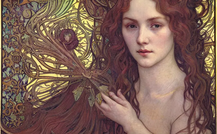 Image similar to detailed realistic beautiful young medieval queen face portrait by jean delville, alphonse mucha, vincent van gogh, and marco mazzoni, art nouveau, symbolist, visionary, gothic, pre - raphaelite
