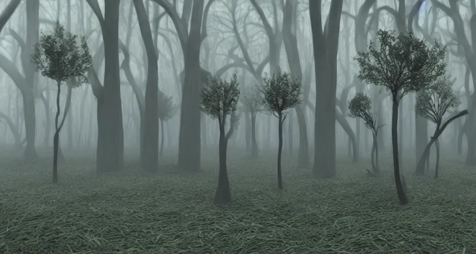 Image similar to a 3d render of a creepy foggy forest with twisted trees, by pixar and tim burton