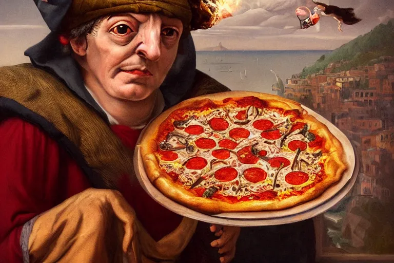 Image similar to a highly detailed portrait of pulcinella!!! from naples with a pizza!!, a burning volcano in the background, an ultrafine detailed painting by achille superbi, dark mood, trending on deviantart, whimsical, lowbrow, coherent, sharp focus, octane, masterpiece