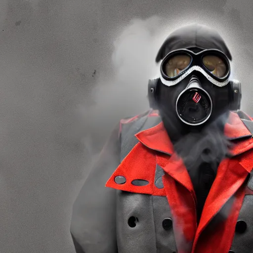 Image similar to hooden villain wearing a gas mask with red goggles, smoke coming out of his body and coat, dark background, wall with graffiti, unreal engine 5, ultra realistic, detailed, fog, artstation,
