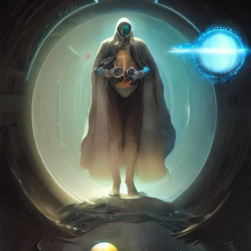 Image similar to rogue masked male wearing a cloak on an alien world and holding a holographic planet projection in his hand, detailed, sci - fi, digital painting, artstation, sharp focus, illustration, artgerm, tomasz alen kopera, peter mohrbacher, donato giancola, joseph christian leyendecker, wlop, frank frazetta