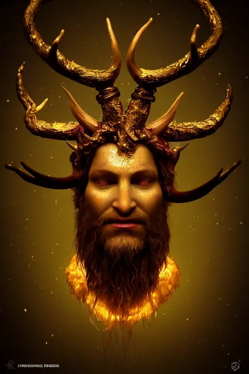 Image similar to Hyper realistic portrait of Cernunnos floating in the dark night, gold dripping in spiral, Mistic ambient, colorful ambient light, ultra super good realistic 3D render by Pete Morbacher and Emil Melmoth, insanely detailed, trending on artstation, sharp focus