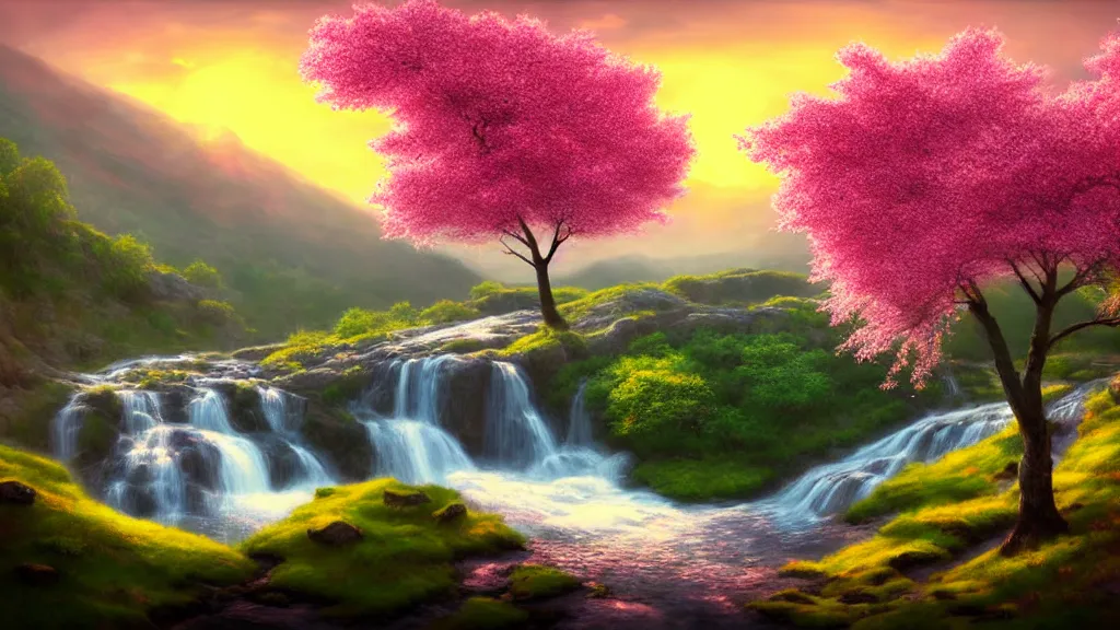 Prompt: featured on artstation cherry tree overlooking valley waterfall sunset beautiful image stylized digital art