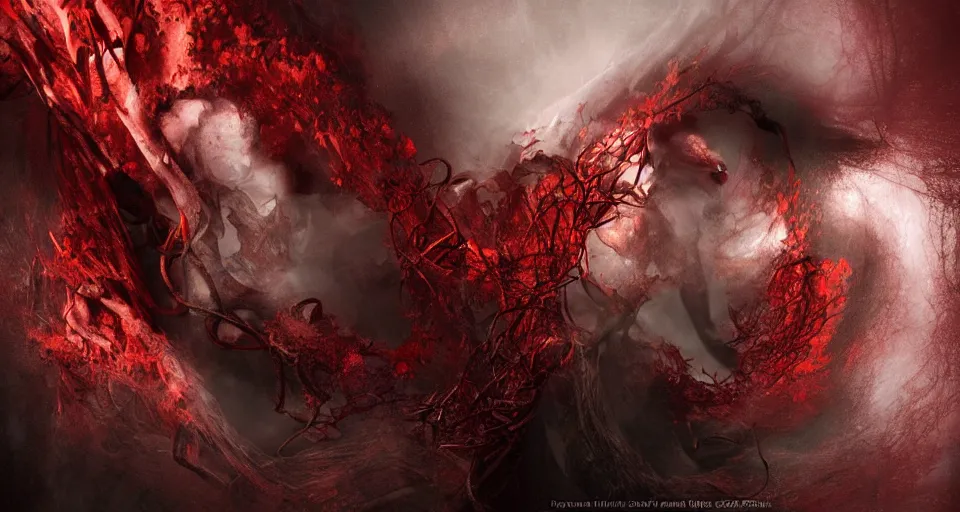 Image similar to a volcano made of ivory vines and crimson rocks enters in eruption, it spits a smoke in the shape of demonic eye, by ryohei hase