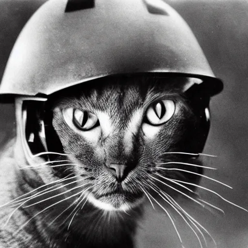 Prompt: close up of a cat wearing soldier helmet in the battle, ww2 historical photography, black and white