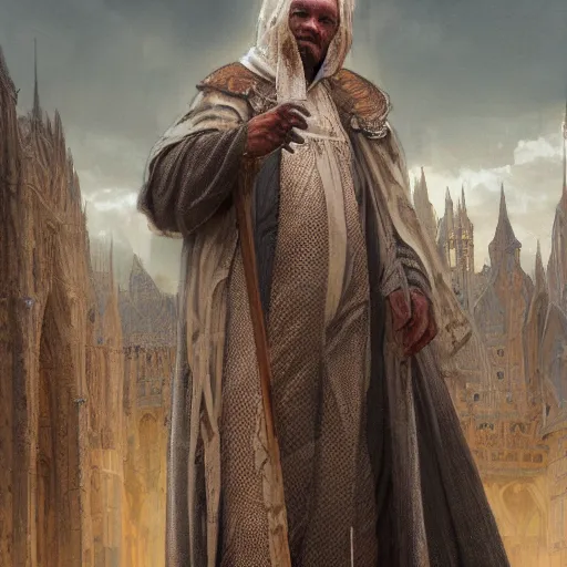 Image similar to highly detailed picture of a man with holes in his robes, religious man wearing clothes with huge rips, destroyed clothes, medieval background, mystic, d & d, fantasy, intricate, elegant, highly detailed, digital painting, artstation, concept art, smooth, sharp focus, illustration, art by artgerm and greg rutkowski and alphonse mucha