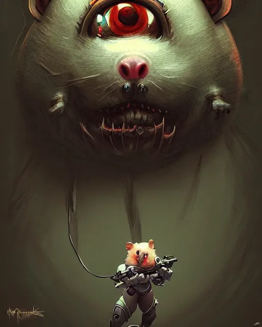 Image similar to wrecking ball the hamster from overwatch, with an evil and crazy look inn her eyes, character portrait, portrait, close up, concept art, intricate details, highly detailed, horror poster, horror, vintage horror art, realistic, terrifying, in the style of michael whelan, beksinski, and gustave dore