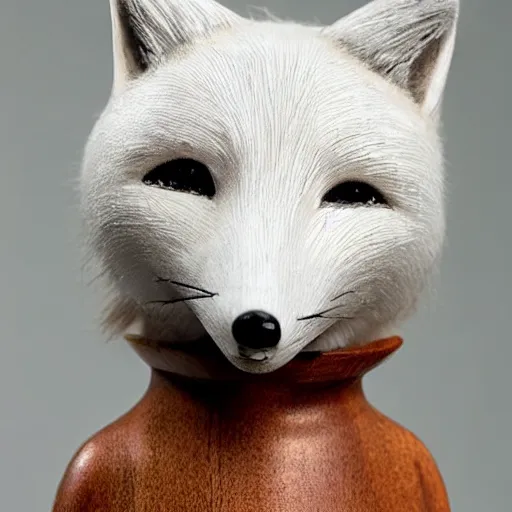 Prompt: medium - shot of a wooden handmade application simple doll of a white fox, highly detailed, sharp focus, promo photo, by shaun tan,