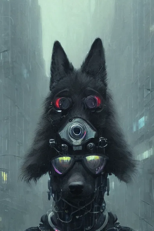 Image similar to new york city portrait of furry anthro anthropomorphic german shepard head animal person fursona wearing clothes strange cybernetic augmentations cyber muzzle gloomy rainy cyberpunk digital art by Greg Rutkowski, Simon Stalenhag, trending on Artstation, CGSociety