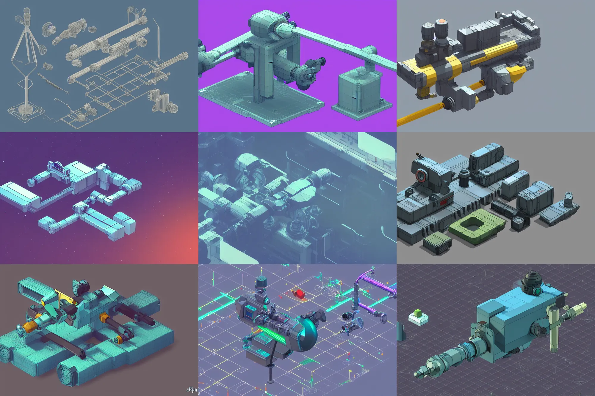 Prompt: single standalone raygun assembly machine. isometric game asset. elegant. simple. scifi. clear focus. studio ghibli. 3 d render rtx. some colorful accents.