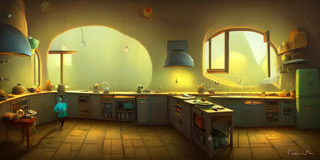 Prompt: curved perspective digital art of a dim lit kitchen by Gediminas Pranckevicius