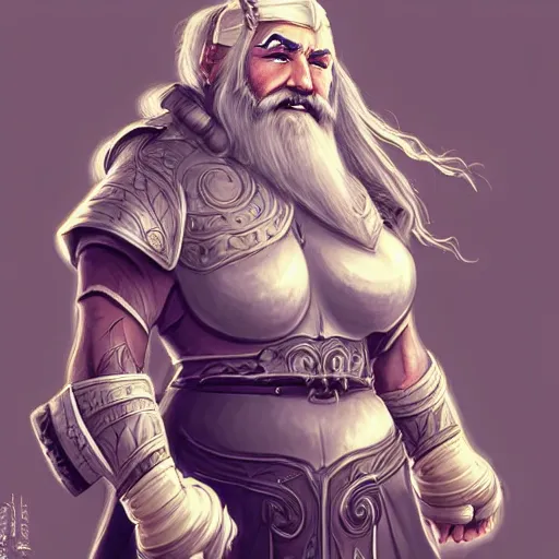 Prompt: elderly female feminine dwarven heavyset fighter with immaculate long grey hairstyle and beard only, beard in intricate beard in lengthy braids and wrinkled skin wearing full platemail armor by rossdraws