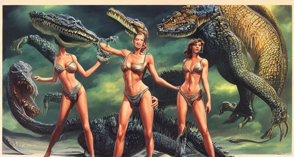 Image similar to A beautiful fit woman standing next to a large alien lion-like crocodile creature, by Boris Vallejo.