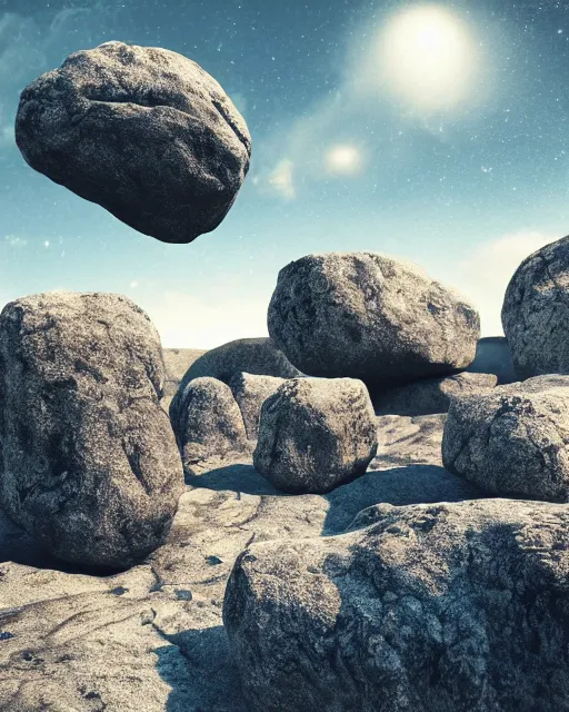 Prompt: visions of huge rocks hallucinating on psychedelics with strange shimmering metal artifacts growing on its surface, no text, rendered with octane, hyper realistic, hyper detailed, surreal, futuristic, 8k