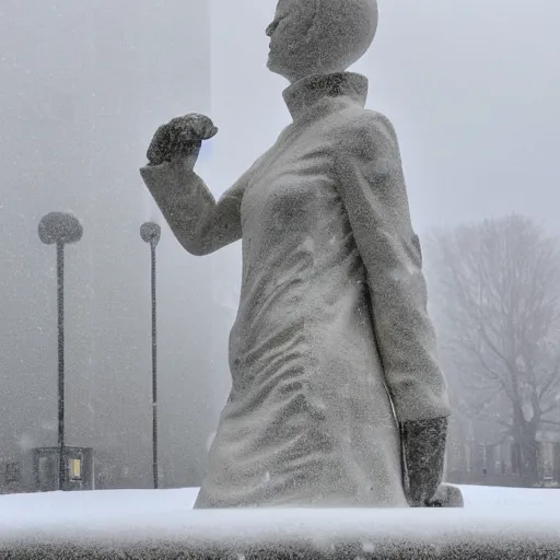 Image similar to black and white photo of snow falling on white cracked marble statue, in the background is a snowy concrete brutalist building, the statue is wearing a haute couture winter jacket by moncler genius, the statue is made of white marble, everything is white marble, sharp focus, depth of field, clear focus, beautiful, denoise, clean, japanese fashion