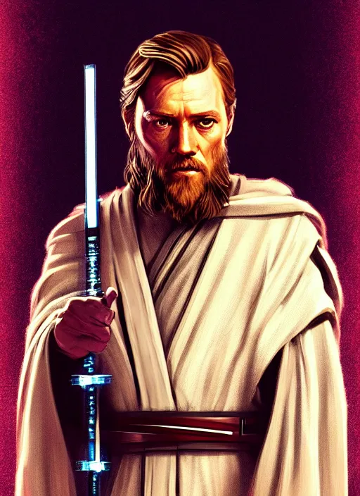 Prompt: a portrait of obi - wan kenobi as a jesus, cyberpunk, grim - lighting, high - contrast, intricate, elegant, highly detailed, digital painting, artstation, concept art, smooth, sharp focus, illustration