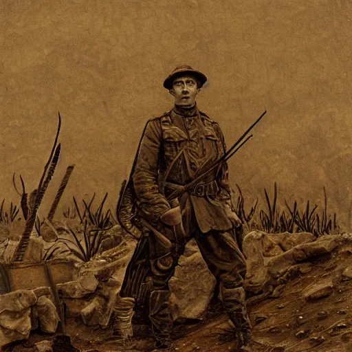 Image similar to ultra detailed photorealistic sepia - toned photograph from 1 9 1 7, a british officer in field gear standing at an archaeological dig site at petra, ultra realistic, painted, intricate details, lovecraft, atmospheric, dark, horror, brooding, highly detailed, by angus mcbride