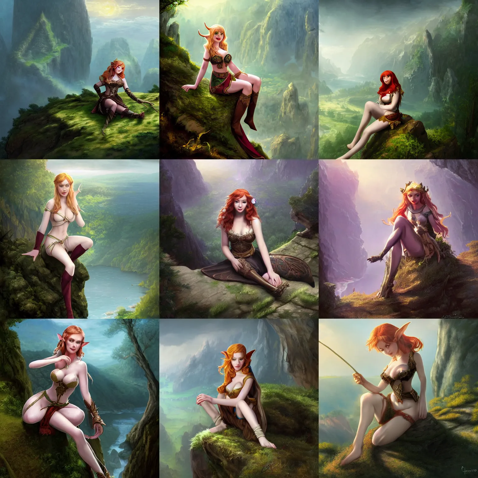 Prompt: alluring illustration of an attractive young elf woman (played by young Christina Hendricks), sitting on the edge of a cliff overlooking a forested valley, clothed in a chesty fantasy outfit, 8k resolution matte fantasy painting, cinematic lighting, DeviantArt, Artstation, Jason Felix Steve Argyle Tyler Jacobson Peter Mohrbacher