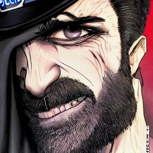 Prompt: portrait of a greying pale vampire police officer with short hair and a patchy beard, close up, grimy streets backdrop, highly detailed, sharp focus, perfect eyes, art by russell dauterman and patrick gleason