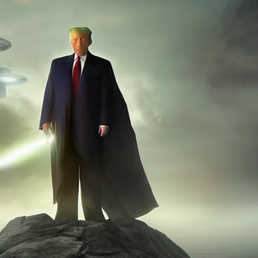 Image similar to a matte painting of Donald Trump as a jedi hero, marvel cinematic universe concept art, good value control, concept art, digital painting, sharp focus, symmetrical, 4k, illustration, rule of thirds, sci-fi, elden ring, centered, moody colors, moody lighting, atmospheric