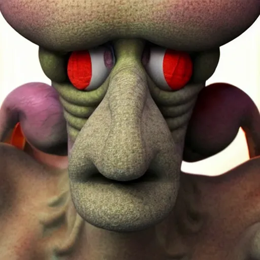 Image similar to squidward tentacles from spongebob squarepants with red realistic eyes, realistic, 8k