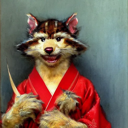 Image similar to a portrait of a furry splinter ninja wearing a red kimono, hairy, furry body, furry arms, feet, tail. highly detailed painting by gaston bussiere, craig mullins, j. c. leyendecker, furry