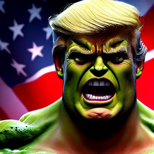 Image similar to Trump as Hulk, cinematic, 8k hd, high quality, sharp focus