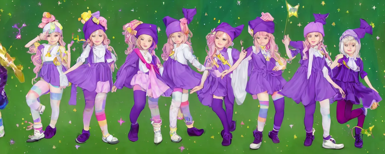 Image similar to A character sheet of full body cute magical girls with short blond hair wearing an oversized purple Beret, Purple overall shorts, Short Puffy pants made of silk, pointy jester shoes, a big billowy scarf, and white leggings. Rainbow accessories all over. Flowing fabric. Golden Ribbon. Covered in stars. Artist Clothes. Painter Clothes. Short Hair. Art by william-adolphe bouguereau and Paul Delaroche and Alexandre Cabanel and Lawrence Alma-Tadema and WLOP and Artgerm. Fashion Photography. Decora Fashion. harajuku street fashion. Kawaii Design. Intricate, elegant, Highly Detailed. Smooth, Sharp Focus, Illustration Photo real. realistic. Hyper Realistic. Sunlit. Moonlight. Dreamlike. Surrounded by clouds. 4K. UHD. Denoise.