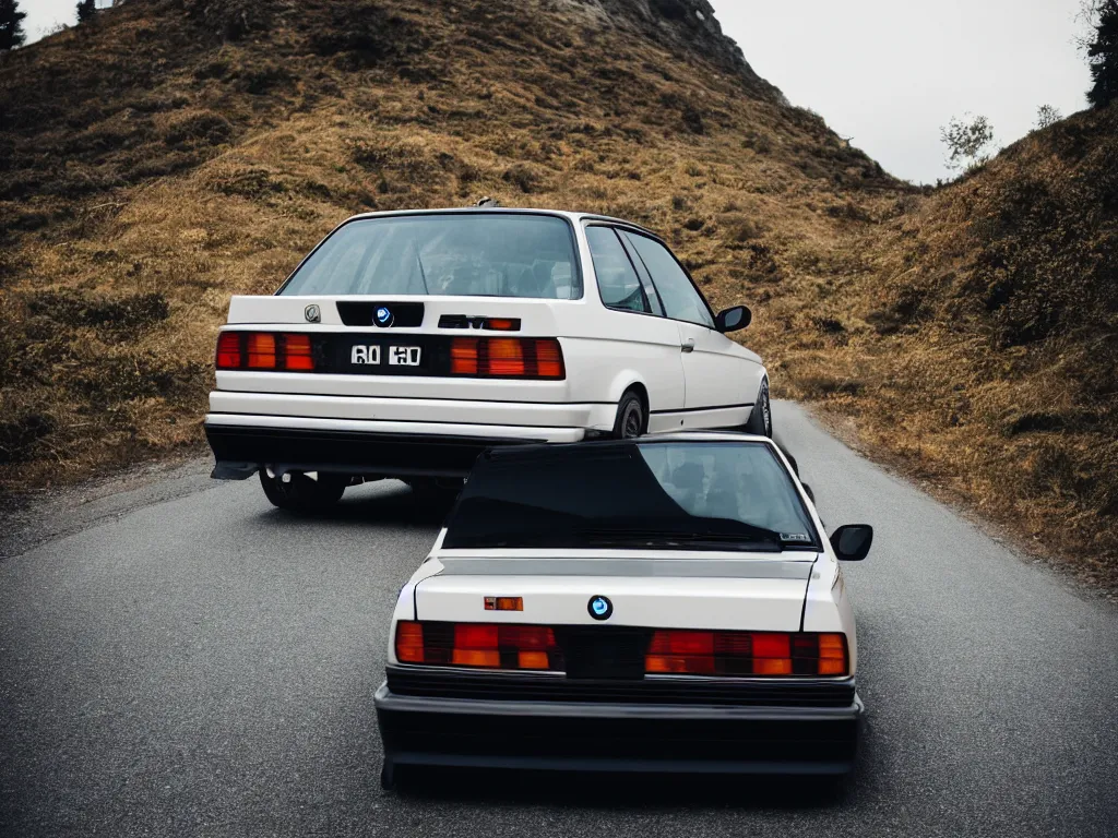 Prompt: a rear shot of a modified bmw e 3 0 with lights on a mountain road, motion blur, 3 5 mm photography, car photography, clean lines, realistic