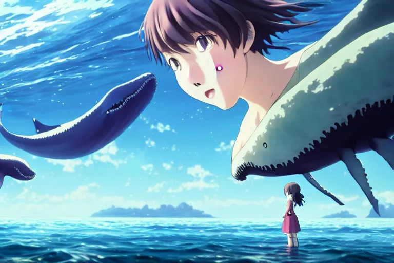 Prompt: a panorama distant view under the water, hyper detailed cg rendering of a cute girl and whale, anime key visual of children of the sea, finely detailed perfect face, style of raphael lacoste, makoto shinkai, violet evergarden, studio ghibli, james jean, hayao miyazaki, extremely high quality artwork