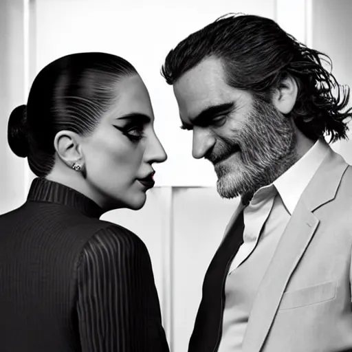 Image similar to detailed 4 k photorealistic lady gaga and joaquin phoenix talk each other, some detailed footage in next joker movie in the style of nick ut and eddie adams and margaret bourke and yousuf karshs and alfred eisenstaedt