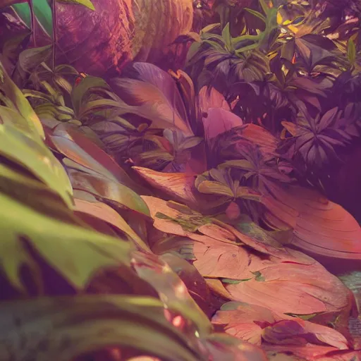 Image similar to tropical leaves, flora and fauna and flowery rocks closeup by rippling blue water, path traced, environment, highly detailed, concept art, realistic, up close shot shinji aramaki, karol bak, alphonse mucha