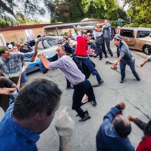 Image similar to people fighting at real estate auction, cinematic mid shots, high saturation color