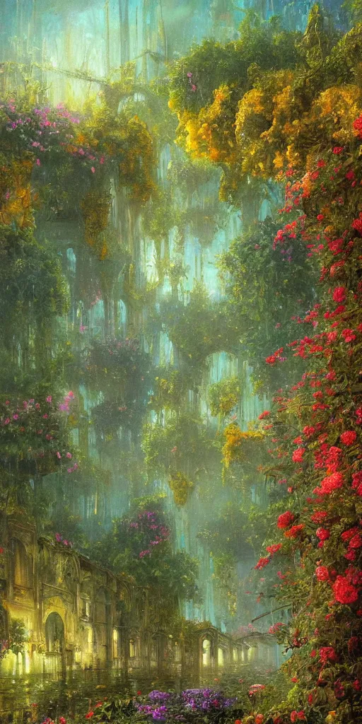 Prompt: The colors in the painting are very vibrant, and the lighting is cinematic. The scene appears to be an abandoned city that is overgrown with flowers and vines. The rain reflections add a sense of depth and movement to the painting. by Tyler Edlin, Jean Delville, John Aktinson Grimshaw, and, german romanticism, oil painting, hdr concept art by Tyler Edlin, Jean Delville, John Aktinson Grimshaw, and by Robert Hubert, immaculate scale, hyper-realistic, trending on Artstation, 8k, detailed, atmospheric, immaculate