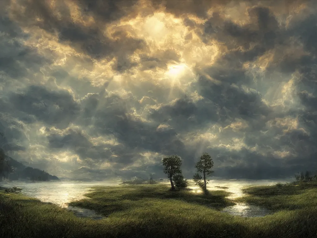 Image similar to a cinematic landscape view over a lakeside, the sun shines through the parted clouds, digital painting, fantasy, art by alexandre mahboubi and christophe oliver