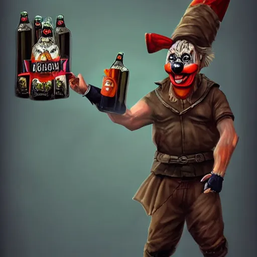 Prompt: a humanoid german shepherd beast - man in clown style, holding a bottle of beer, artstation, concept art, smooth, sharp foccus ilustration, artstation