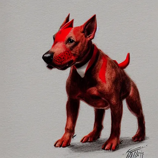 Prompt: cute drawing of a bull terrier puppy with a [ red mohawk ], style of greg rutkowski, in - frame