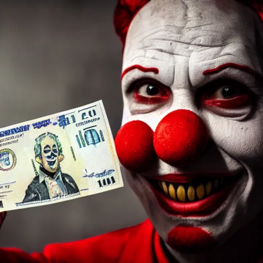 Image similar to A clown holding a dollar banknote, background is a slum, cinematic, epic, highly-detailed, photo realistic