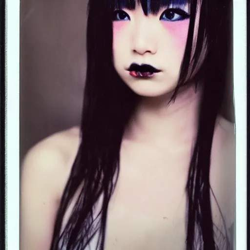 Prompt: atmospheric upper body polaroid photograph of female japanese model in emo makeup, long hair, fringe