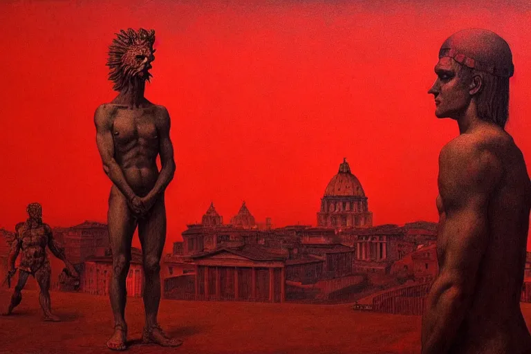 Image similar to only with red, caesar after war, a red tiger, in hoc signo vinces, rome in background, an ancient path, in the style of beksinski, part by hopper, part by rodcenko, part by hofbauer, intricate composition, red by caravaggio, insanely quality, highly detailed, masterpiece, red light, artstation