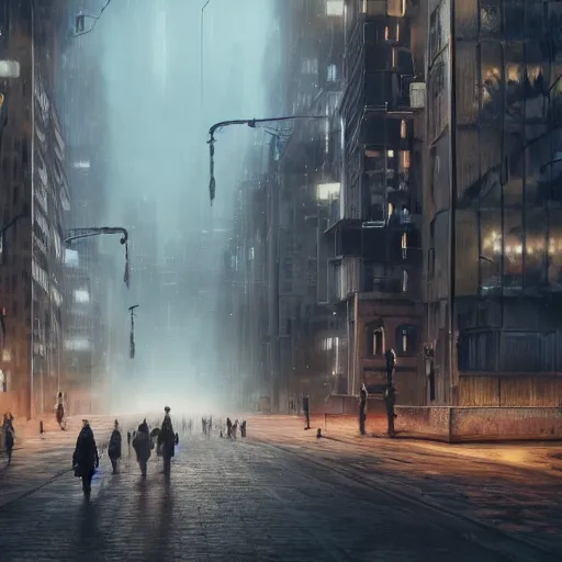 Prompt: hyperrealistic matte painting of a desolate city street, travelers walking under massive buildings, intricate detail, vr, cables, distortions, piping, 8 k resolution, city lights, endless street, by hugh ferris, cyberpunk style, concept art, trending on artstation