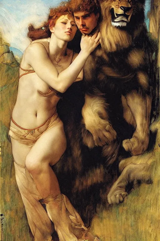 Prompt: scarlett johansson as a lion tamer by edgar maxence and caravaggio and michael whelan and delacroix