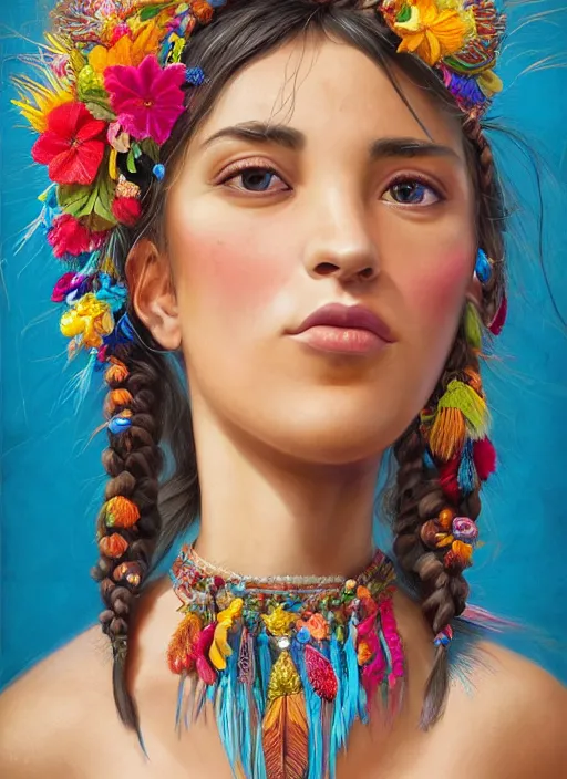 Prompt: beautiful portrait of a mediterranean female wearing fantastic Hand-dyed cotton dress, embellished beaded feather decorative fringe knots ,colorful pigtail,subtropical flowers and plants,symmetrical face,intricate,minority,elegant, highly detailed, 8k,post-processing,digital painting, trending on artstation, concept art, sharp focus, illustration, by artgerm,Tom Bagshaw,Daniel Gerhartz,Albert Aublet,Lawrence Alma-Tadema